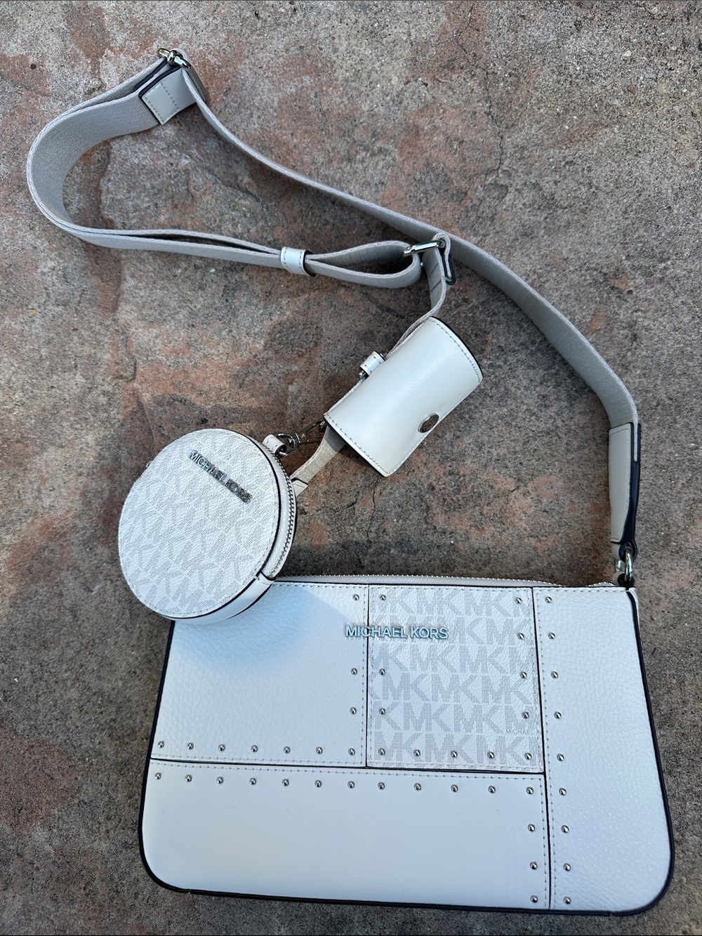 Michael Kors Jet Set Studded Patchwork Crossbody Set w/Coin Pouch & AirPods Case